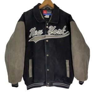 Jon Lauren New York Varsity Bomber Jacket Black/Grey Faux Suede Men's Medium